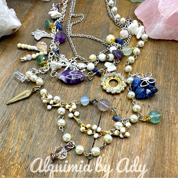 Lapis amethyst and fluorite layered statement multi charms necklace - Picture 1 of 4